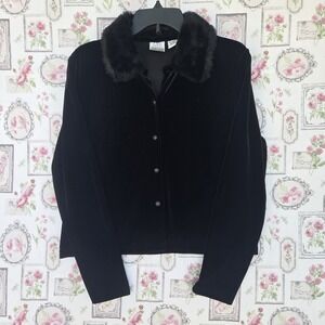 Vintage Black Velvet Cardigan w/ Faux Fur Collar Button Up Stretch Size Medium
